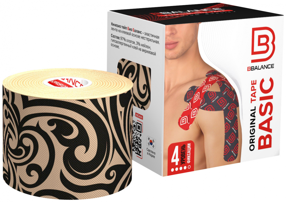 00-00000096 Тейп (тейп-лента, кинезио) SILK BB 5 см×5 м, цв. тату бежевый-черный